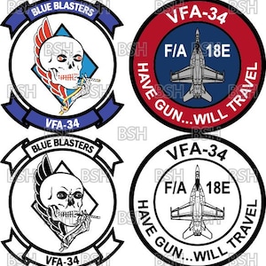 May include: Four circular patches with military designs. Two patches feature a skull with a cigarette, wings, and the text "BLUE BLASTERS" and "VFA-34". The other two patches have a jet and the text "VFA-34", "F/A 18E", and "HAVE GUN...WILL TRAVEL".