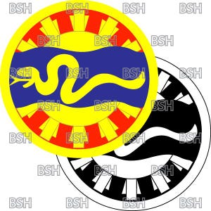 May include: A yellow circle with a red border and a blue and yellow snake design. The circle is surrounded by a ring of red and yellow rays. A black and white circle with a wave design is partially visible behind the yellow circle.