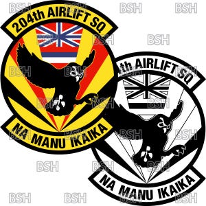 May include: A black and white emblem with a yellow and red version. The emblem features a black owl with a white background and the text "204th AIRLIFT SQ" in a black circle. The text "NA MANU IKAIKA" is in a black arc below the owl. The yellow and red version has the same design but with a yellow background and red and yellow rays.