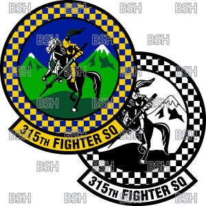 May include: Two circular emblems featuring a knight on horseback. One emblem is in colour with a blue and yellow chequered border, a green background, and the text "315th FIGHTER SQ". The other is a black and white version.