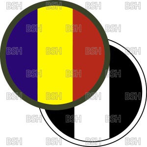 Könnte beinhalten: Zwei kreisförmige Designs. Der obere Kreis zeigt die rumänische Flagge: blaue, gelbe und rote vertikale Streifen mit einem dunkelgrünen Rand. Der untere Kreis ist schwarz und weiß mit vertikalen Streifen und einem weißen Rand. Der Text "BSH" wird wiederholt.