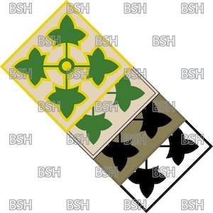 May include: A layered design with four green four-leaf clover shapes in a square pattern. The top layer is a light beige square with yellow outlines around the clover shapes. The second layer is a beige square with brown outlines around the clover shapes. The bottom layer is a black square with white outlines around the clover shapes.