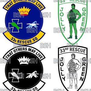 Puede incluir: Cuatro parches militares. Dos son circulares, uno azul y otro negro, con el texto "THAT OTHERS MAY LIVE" y "33d RESCUE SQ". Los otros dos tienen forma de escudo, uno verde y otro negro, con una figura y el texto "JOLLY GREEN" y "33RD RESCUE".