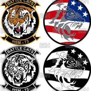 Puede incluir: Cuatro parches circulares con imágenes de tigres. Dos parches muestran una cabeza de tigre con el texto BATTLE CATS y HSM-73. Dos parches presentan una silueta de tigre estilizada sobre un diseño de bandera estadounidense en color y blanco y negro.