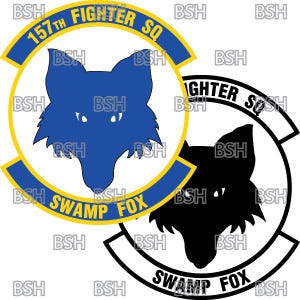 May include: A black and white illustration of a fox's head with the text "157th Fighter SQ Swamp Fox" around it. The fox's head is also shown in blue on a yellow circle with the same text around it.