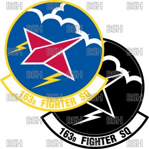 May include: A blue and yellow circle with a red star and lightning bolts. The text "163d Fighter Sq" is written in a yellow arc around the circle. A black and white version of the same image is behind the blue and yellow circle.