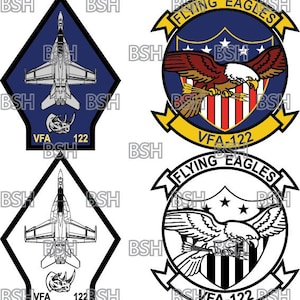May include: A black and white illustration of a fighter jet with the text "VFA 122" and a rhinoceros logo. The illustration is surrounded by a diamond shape. Below the illustration is a circle with the text "FLYING EAGLES" and "VFA-122". The circle has a shield with a bald eagle holding arrows and a red, white, and blue striped flag.