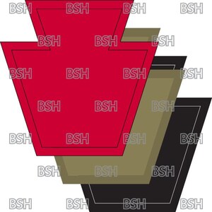 May include: Three overlapping Pennsylvania state outline shapes in red, khaki, and black.