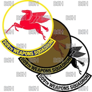 Op de afbeelding: Drie versies van een militaire eenheidspatch. De eerste patch is wit met een rood gevleugeld paard, de tweede is bruin met een bruin gevleugeld paard en de derde is wit met een zwart gevleugeld paard. Alle drie patches hebben een blauwe en gele cirkel met de tekst "509th Weapons Squadron".