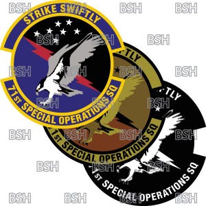 May include: Three circular patches with a yellow border and black text. The top patch is blue with white stars and the text "Strike Swiftly 71st Special Operations Sq". The middle patch is brown with the text "1st Special Operations Sq". The bottom patch is black with the text "1st Special Operations Sq".