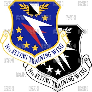 May include: A shield-shaped emblem with a blue background, white and red accents, gold stars, and the text "14th Flying Training Wing." A monochrome version is also present. The design includes a gold laurel wreath and a white arrow.