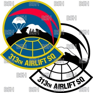 May include: A circular emblem with a blue background, featuring a parachute, mountains, and a red arc. The text "313th AIRLIFT SQ" is displayed on a yellow banner. A black and white version is also shown.