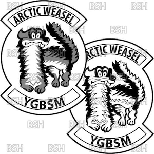 May include: Two black and white patches featuring a cartoon weasel. The patches have the text "ARCTIC WEASEL" and "YGBMS" in a circular and rectangular design. The weasel has a grumpy expression.