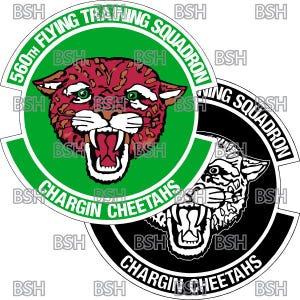 Op de afbeelding: Twee ronde patches met zwarte en groene randen. De patches tonen een grommende cheetah met de tekst "560th Flying Training Squadron" en "Chargin Cheetahs" in een witte cirkel.