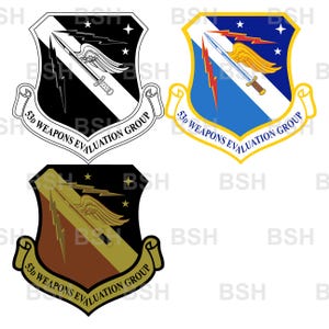 May include: Three shield-shaped emblems featuring a sword with wings, lightning bolts, and stars. Each emblem displays the text 53d WEAPONS EVALUATION GROUP on a banner. The designs are presented in black and white, full color, and a gold-toned version.