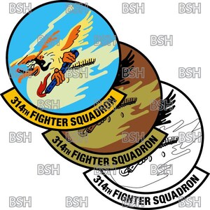 May include: Three versions of a military squadron patch. The first patch features a blue sky with white clouds and a yellow bird with a red flame coming from its mouth. The second patch features a brown and tan camouflage pattern. The third patch is a black and white outline of the first patch. All three patches have the text "314th Fighter Squadron" around the outside.