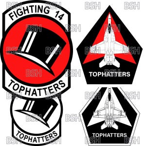 May include: Three black and white patches with the text "TOPHATTERS" and a stylized image of a top hat. The top patch also has the text "FIGHTING 14". The bottom two patches have a stylized image of a fighter jet.