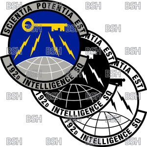 May include: Three circular patches with a military design. The main patch has a blue circle with a gold key, lightning bolts, and the text "SCIENTIA POTENTIA EST" and "192D INTELLIGENCE SQ". The other patches are in black and white.