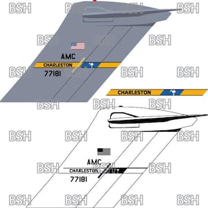 以下が含まれることがあります： アメリカの国旗と「AMC CHARLESTON 77181」の文字が書かれた、グレーと白の軍用機の尾部のイラストです。