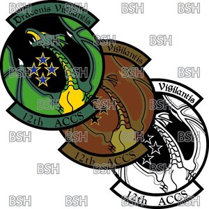 May include: Three versions of a military patch with a dragon design. The patches are green, brown, and black and white. Each patch has the text "12th ACCS" and "Draconis Vigilantis".