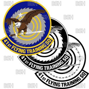Pode incluir: Um conjunto de três patches com o texto "41st Flying Training SQ". O patch superior é circular com uma borda azul e amarela, uma águia segurando uma espada e uma estrela. Os outros dois patches são em preto e branco.
