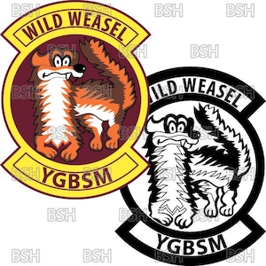 May include: Two Wild Weasel patches. One is a cartoon weasel in orange, brown, and white, set against a maroon background, with yellow text. The other is a black and white version of the same design.