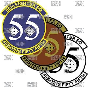 May include: A blue and yellow circular patch with the text "55th Fighter Sq" and "Fighting Fifty Fifth" around the edge. The number "55" is in the center with a dice on each side. The patch is layered over a brown and yellow patch with the same text and a dice. The bottom layer is a black and white patch with the same text and a dice.