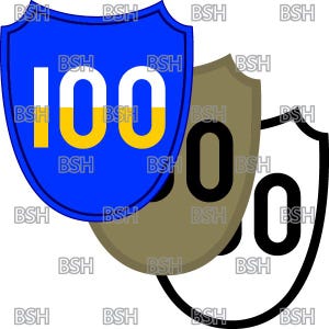 May include: Two blue and white highway signs with the number 100 on them. The signs are overlapping each other.