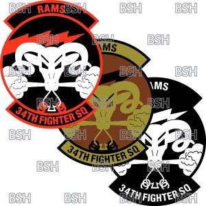May include: Three black, brown, and white military unit patches with the text "34th Fighter SQ" and "RAMS" on them.