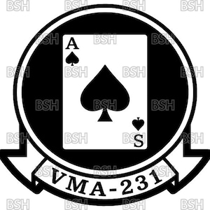May include: Black and white emblem featuring an Ace of Spades card within a circular design. The card is centered, with the spade symbol prominently displayed. The text "VMA-231" is on a banner below the circle.