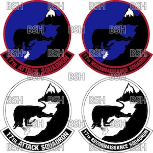 May include: Four military squadron patches. Two feature a black bear silhouette on a mountain with a blue and red background. The text reads "17th Attack Squadron" and "17th Reconnaissance Squadron". The other two are black and white versions.