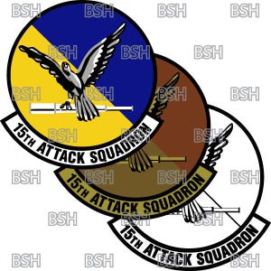 Può includere: Tre toppe circolari con un designo di falco bianco e il testo "15th Attack Squadron". Le toppe sono sovrapposte, con la toppa superiore blu e gialla, la toppa centrale marrone e la toppa inferiore bianca.