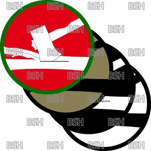 May include: A red, white, and green circle with a white axe cutting through a white log. The circle is surrounded by three other circles, one brown, one black, and one black and white.