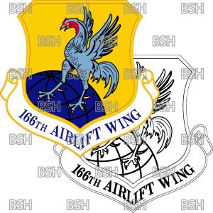 May include: A blue and yellow emblem featuring a rooster standing on a globe. The text "166th Airlift Wing" is displayed on a banner below the globe.