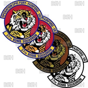 May include: Four circular embroidered patches featuring a snarling tiger head. The patches display the text OPERATION EPIC FURY, FAIRFORD UK, and 37TH BOMB SQUADRON. The designs appear in red, yellow, brown, and black and white color variations.