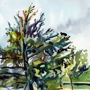 Watercolor in the Park - Original Artwork - Plein Air Painting of Trees - Row of Trees - Small Painting of Trees - Park Painting Art - Trees