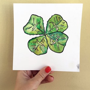 Four Leaf Clover Painting - Shamrock Art - Good Luck Charm Watercolor and Ink Painting by Jen Tracy - Emerald Green Clover Wall Hanging