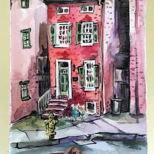 Art Print of a Brick House - Print of Watercolor City Painting - Gift for New Homeowner - Red Art - Watercolor Print Urban Sketch