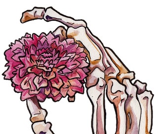 Flowers and Bones Art Print Dahlia - Skeleton Hand with Flower - Skeleton with Flowers Art - Pink Macabre Watercolor Painting Gift 4 Garden