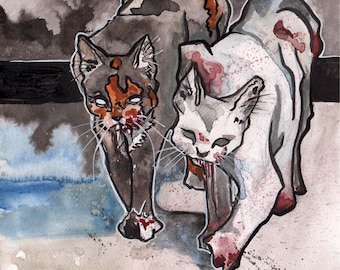 Scary Cats - Spooky Illustration of Killer Kitties - Original Watercolor and Ink Drawing of Cats - The No Sleep Podcast Art - Halloween Art