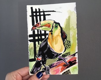 Painting of a Toucan by Artist Jen Tracy - Affordable Original Art - Art Under Fifty Dollars - Tropical Bird Painting in Watercolor Bird Art