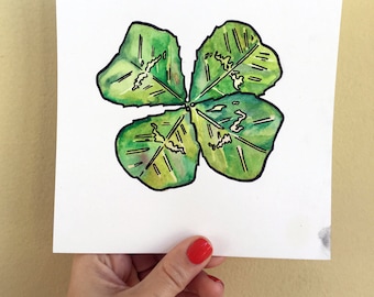 Four Leaf Clover Painting - Shamrock Art - Good Luck Charm Watercolor and Ink Painting by Jen Tracy - Emerald Green Clover Wall Hanging