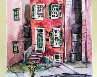 Art Print of a Brick House - Print of Watercolor City Painting - Gift for New Homeowner - Red Art - Watercolor Print Urban Sketch