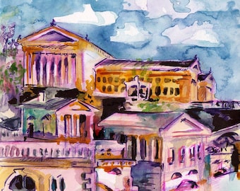 Philadelphia Art Museum, Philly, PA, USA - Print of Original Watercolor and Ink Painting by Jen Tracy -Small Art Reproduction Plein Air Art