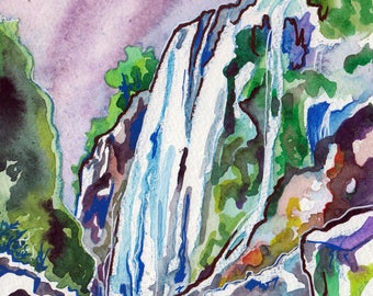 Tamul Falls in Mexico - Watercolor Painting of a Waterfall - Waterfall Art - Scenic Painting of Mexican Waterfall by Jen Tracy - Purple Sky