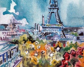 Paris Art Print - Eiffel Tower Painting - Original Watercolor of Paris by Jen Tracy - French Landscape Eiffel Tower Art - Gift for Traveler