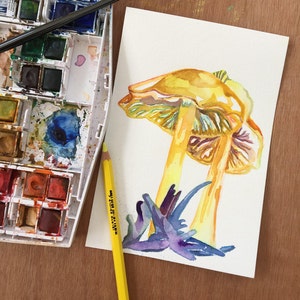 Watercolor Art of Golden Waxcap Mushrooms - Original Watercolor Painting by Jen Tracy - Yellow Mushroom Painting - Unique Gifts for Artists