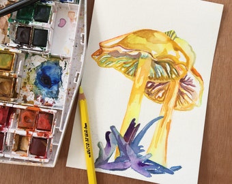 Watercolor Art of Golden Waxcap Mushrooms - Original Watercolor Painting by Jen Tracy - Yellow Mushroom Painting - Unique Gifts for Artists