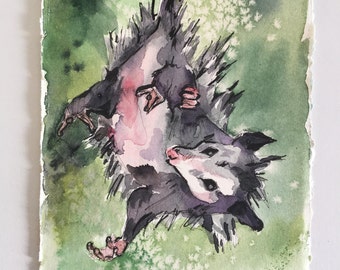 Possum Painting - Watercolor Art of Possum Hanging Upside Down - Upsidedown Cutie - Animal Watercolor Painting of Oposum - Cute Nursery Art