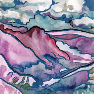 Purple Mountains Original Watercolor and Ink Painting on Paper by Artist Jen Tracy Landscape Mountain Art with Clouds image 1